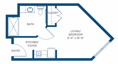 Floor plan of a small apartment unit showing an entry leading into a kitchen/foyer area, a combined living and bedroom space measuring 9 feet 4 inches by 16 feet 9 inches, a closet, and a bathroom with a bathtub, toilet, and sink.