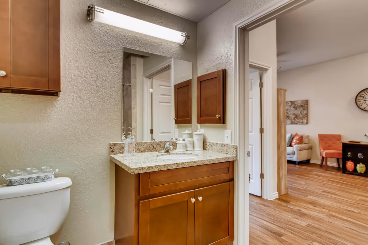 Small bathroom with a granite-topped vanity, mirror and wooden cabinets, a toilet, and a view into a furnished living area.