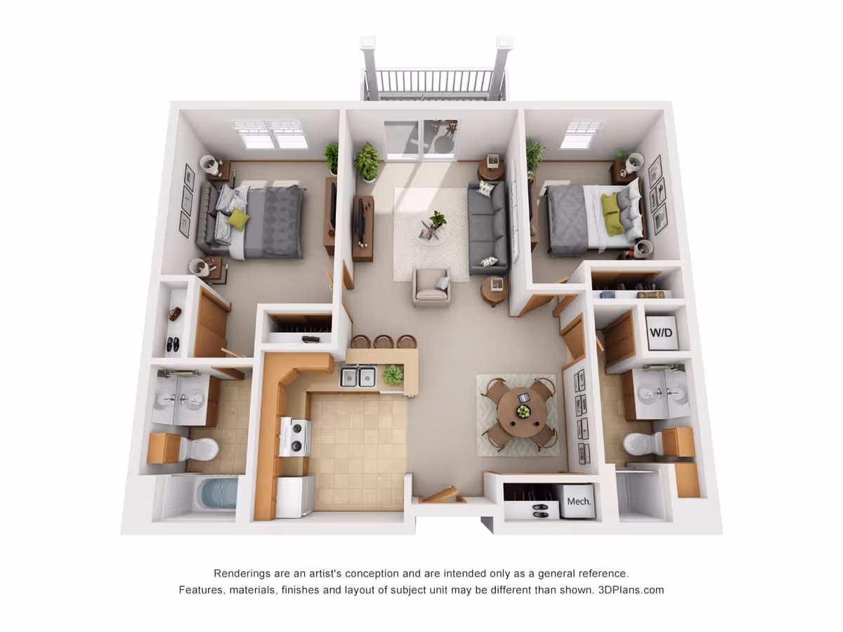 3D floor plan of a two-bedroom apartment featuring two bedrooms with beds and nightstands, two bathrooms with sinks and toilets, a kitchen with appliances and a sink, a dining area with a round table and four chairs, and a living room with a sofa, armchair, coffee table, and TV. There is also a balcony accessible from the living room and a washer/dryer unit near one of the bathrooms.