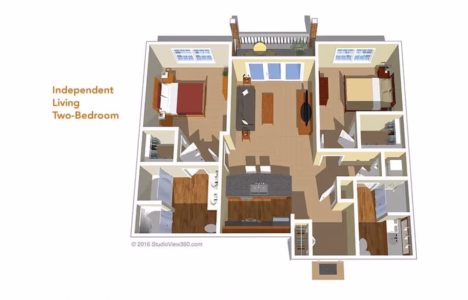 3D floor plan of an independent living two-bedroom apartment showing two bedrooms, two bathrooms, a kitchen with an island, a living room with a sofa and TV, and a balcony.