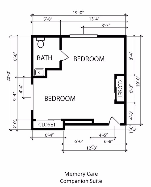 Architectural floor plan of a Memory Care Companion Suite at Riverbend, showing two bedrooms, a bathroom, and two closets with detailed measurements.