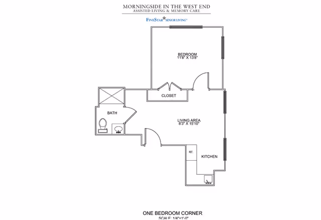 Floor plan of a one-bedroom corner unit at Morningside in the West End showing a bedroom, closet, bath, living area, and kitchen with dimensions.
