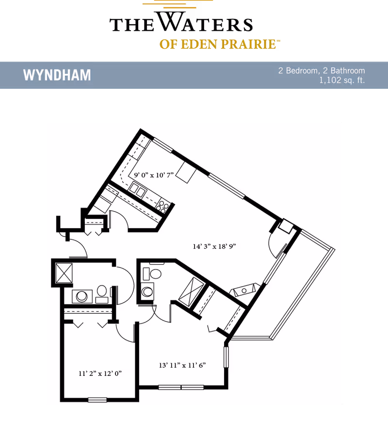 Floor plan layout of a two-bedroom, two-bathroom apartment named Wyndham at The Waters of Eden Prairie, showing room dimensions and arrangement including kitchen, living area, bedrooms, and bathrooms.