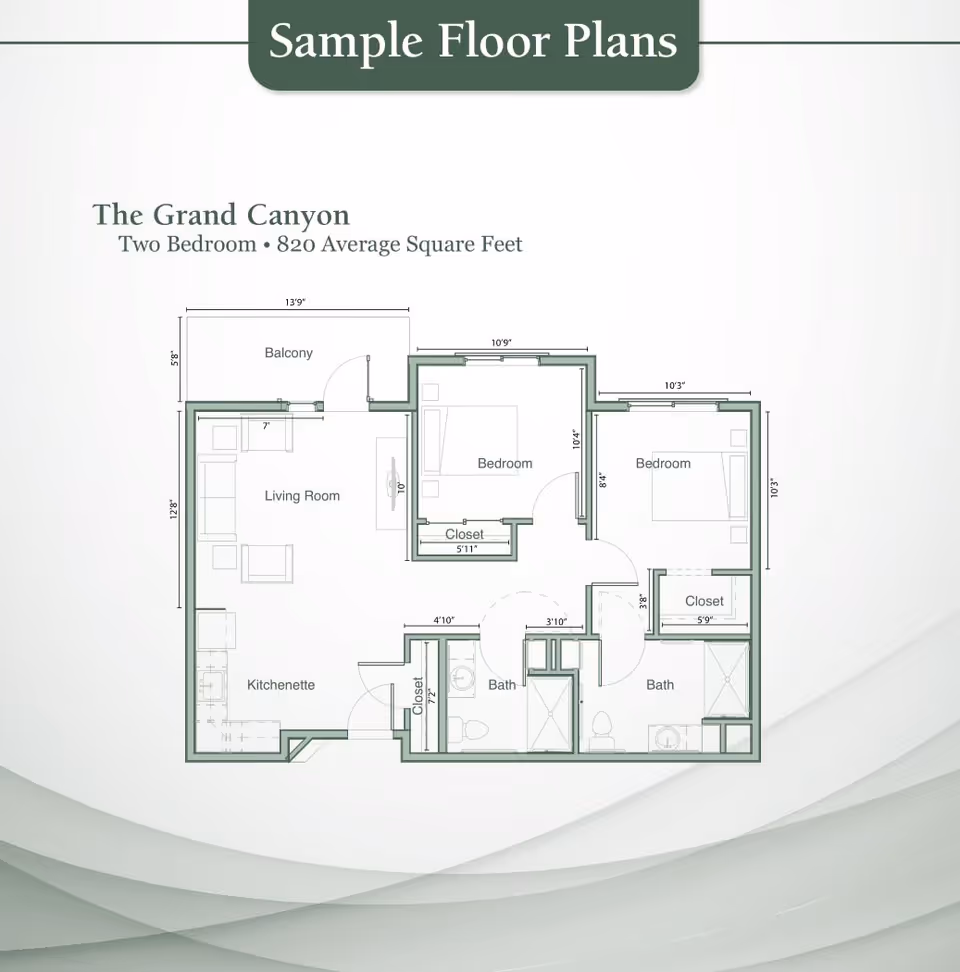 Floor plan titled 'The Grand Canyon' showing a two-bedroom layout with an average of 820 square feet. The plan includes a living room, kitchenette, two bedrooms each with closets, two bathrooms, and a balcony. Dimensions for rooms and closets are marked.