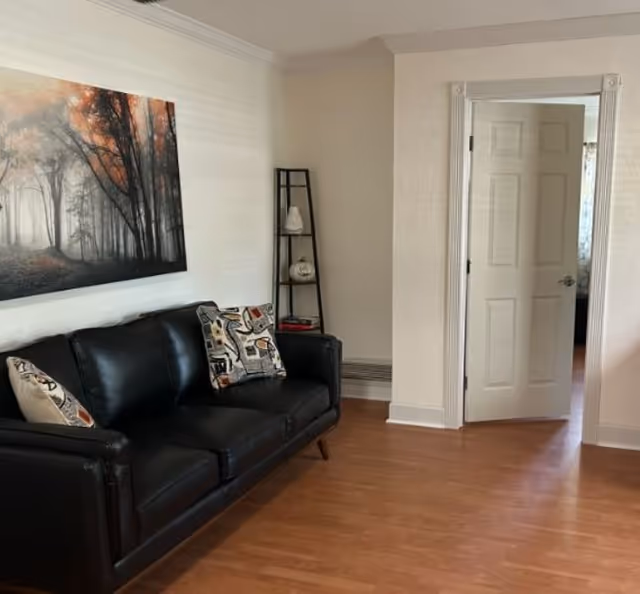 Small living room with a black leather sofa, patterned throw pillows, wall art, a corner shelf, and an open doorway to another room.