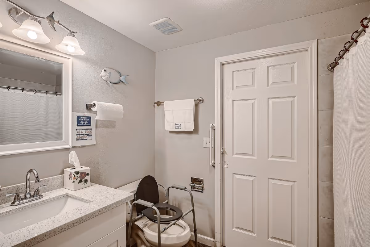 Well-lit bathroom with a sink and mirror, a raised commode chair by the toilet, grab bars, and a shower with curtain.