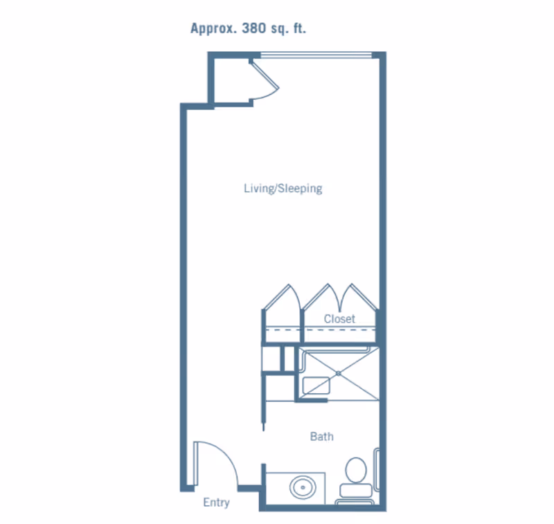 Floor plan of a studio apartment approximately 380 square feet, showing an entry leading to a combined living and sleeping area, a closet, and a bathroom with a sink, toilet, and shower.