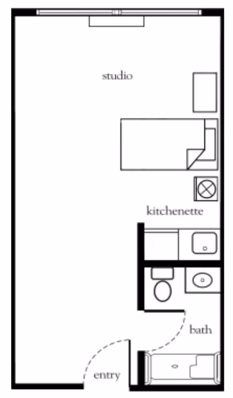 Floor plan of a studio apartment at Atria Huntington showing an entry, kitchenette, bath with toilet and sink, and a studio living/sleeping area with a bed and a small table.