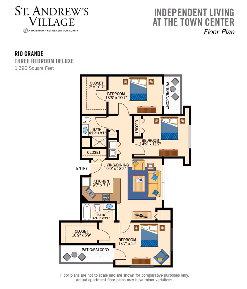 Colored floor plan diagram of a three-bedroom deluxe 1,390 sq ft apartment showing three bedrooms, living/dining area, kitchen, two baths and multiple closets on a black background.