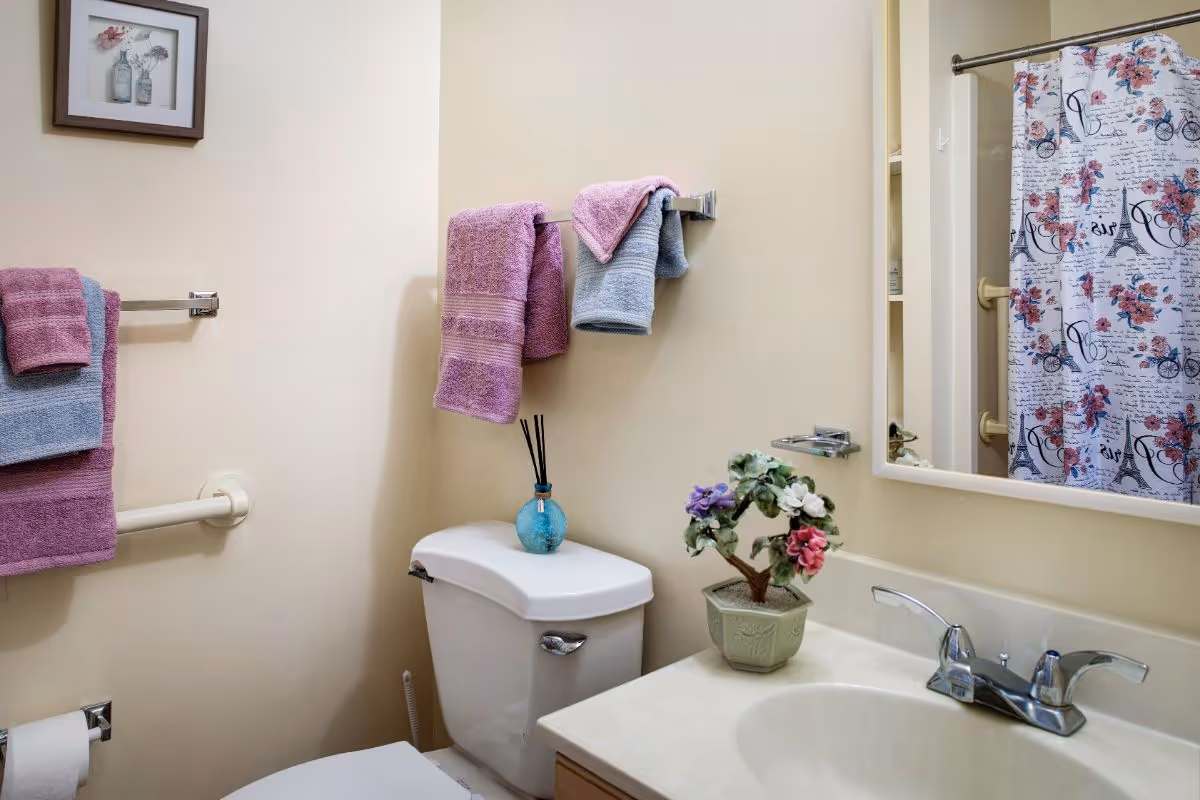 A bathroom with a toilet, a sink with a faucet, a mirror, and a shower curtain featuring a floral and Eiffel Tower design. There are pink and blue towels hanging on towel racks, a small blue vase with reed diffusers on the toilet tank, and a small potted plant with colorful flowers on the sink counter. A framed picture hangs on the wall above the towels.
