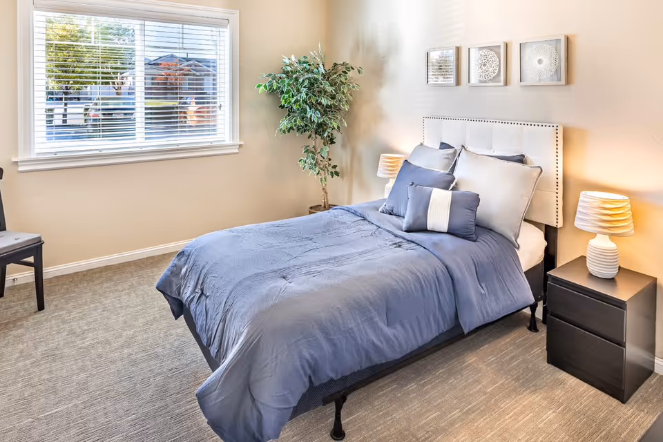 A neatly made bed with blue bedding and multiple pillows in a bright bedroom. There is a window with white blinds letting in natural light, a potted plant in the corner, a black nightstand with a white lamp, a black chair, and three decorative framed artworks on the wall above the bed.