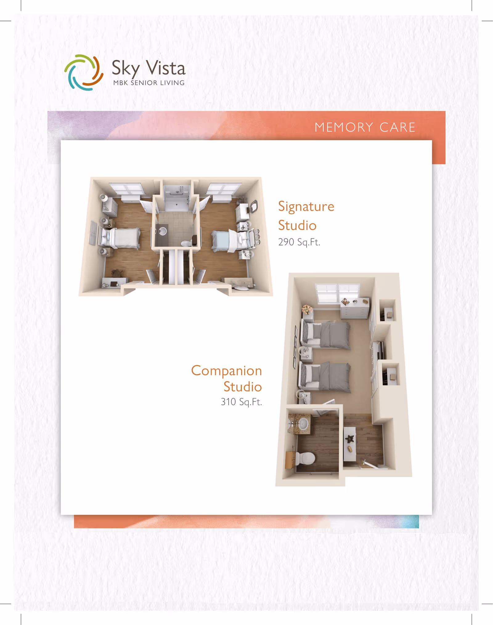 Floor plans for two types of memory care studios at Sky Vista senior living: a Signature Studio with two beds and a shared bathroom, and a Companion Studio with two beds, a bathroom, and a small kitchenette area.