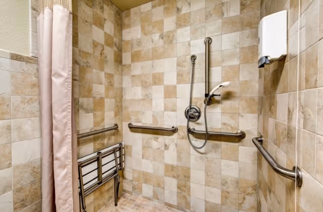 A tiled shower area with beige and light brown square tiles on the walls and floor. The shower has multiple stainless steel grab bars installed on the walls, a handheld showerhead attached to a vertical bar, and a foldable shower seat mounted on the wall. A pink shower curtain is partially visible on the left side, and a white soap or shampoo dispenser is mounted on the right wall.