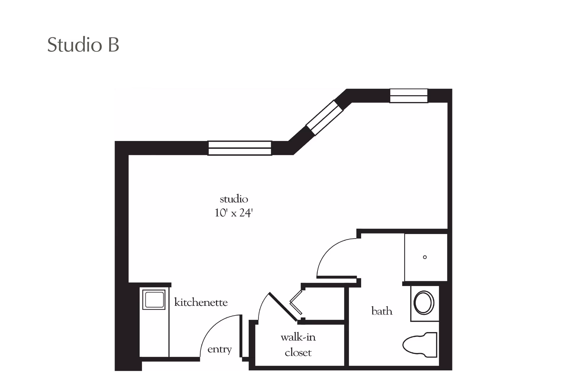 Floor plan labeled Studio B showing a studio apartment layout with a 10 by 24 feet studio area, kitchenette near the entry, walk-in closet, and a bathroom with a toilet and sink.
