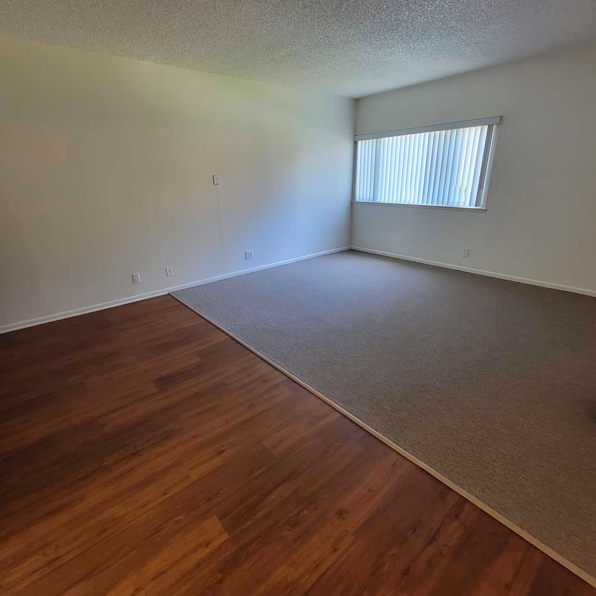 Empty room with a section of wood flooring and a section of carpet, white walls, and a window with vertical blinds letting in natural light.
