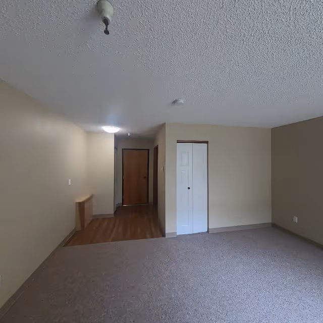 Empty room with beige walls and carpeted floor transitioning to wood flooring near a closed wooden door. There is a white closet door on the right wall and a small wooden ledge on the left wall. The ceiling has a textured finish with a light fixture near the door.