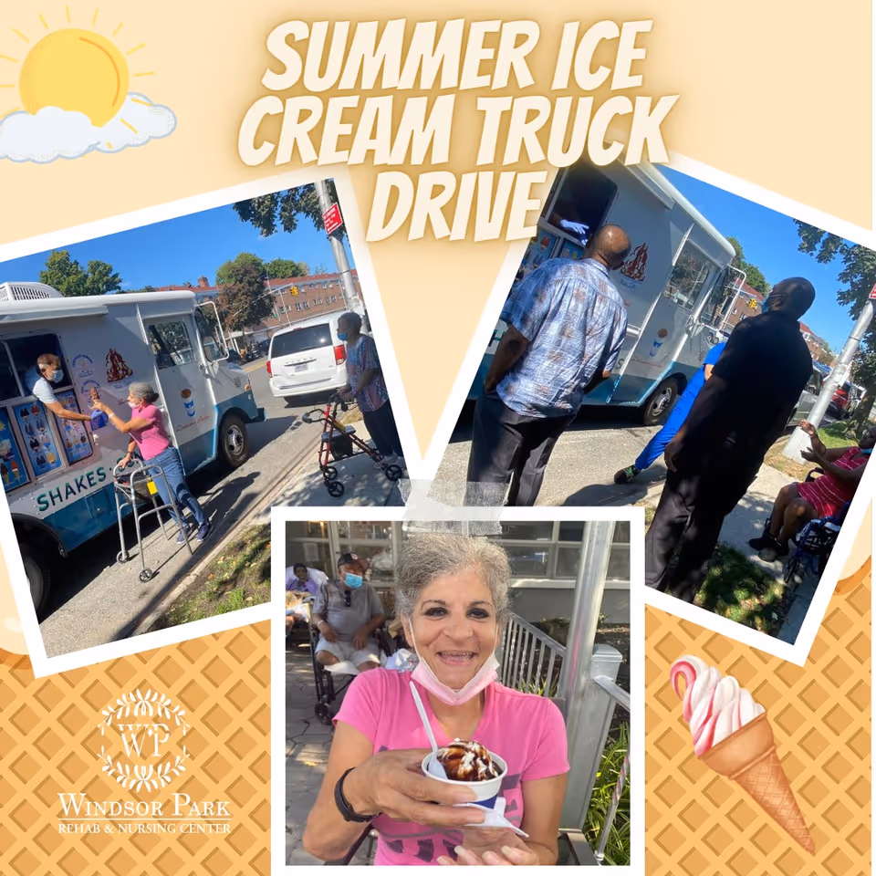 Collage of images showing a summer ice cream truck event at Windsor Park Rehab & Nursing Center. The top left image shows an elderly woman with a walker receiving ice cream from a person inside an ice cream truck. The top right image shows several people standing near the ice cream truck outdoors. The bottom center image shows a smiling woman holding a cup of ice cream with chocolate syrup, sitting outside with other people in the background. The collage has a sunny, warm theme with an illustrated sun and ice cream cone, and text that reads 'SUMMER ICE CREAM TRUCK DRIVE'.