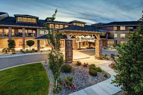 Exterior view of MorningStar Senior Living of Billings entrance with landscaping
