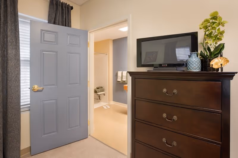 View of a room with a partially open gray door leading to a bathroom. The bathroom has a shower with a grab bar, towels hanging on a rack, and slippers on the floor. In the foreground, there is a dark wooden dresser with a flat-screen TV on top, along with decorative items including a plant and a vase.