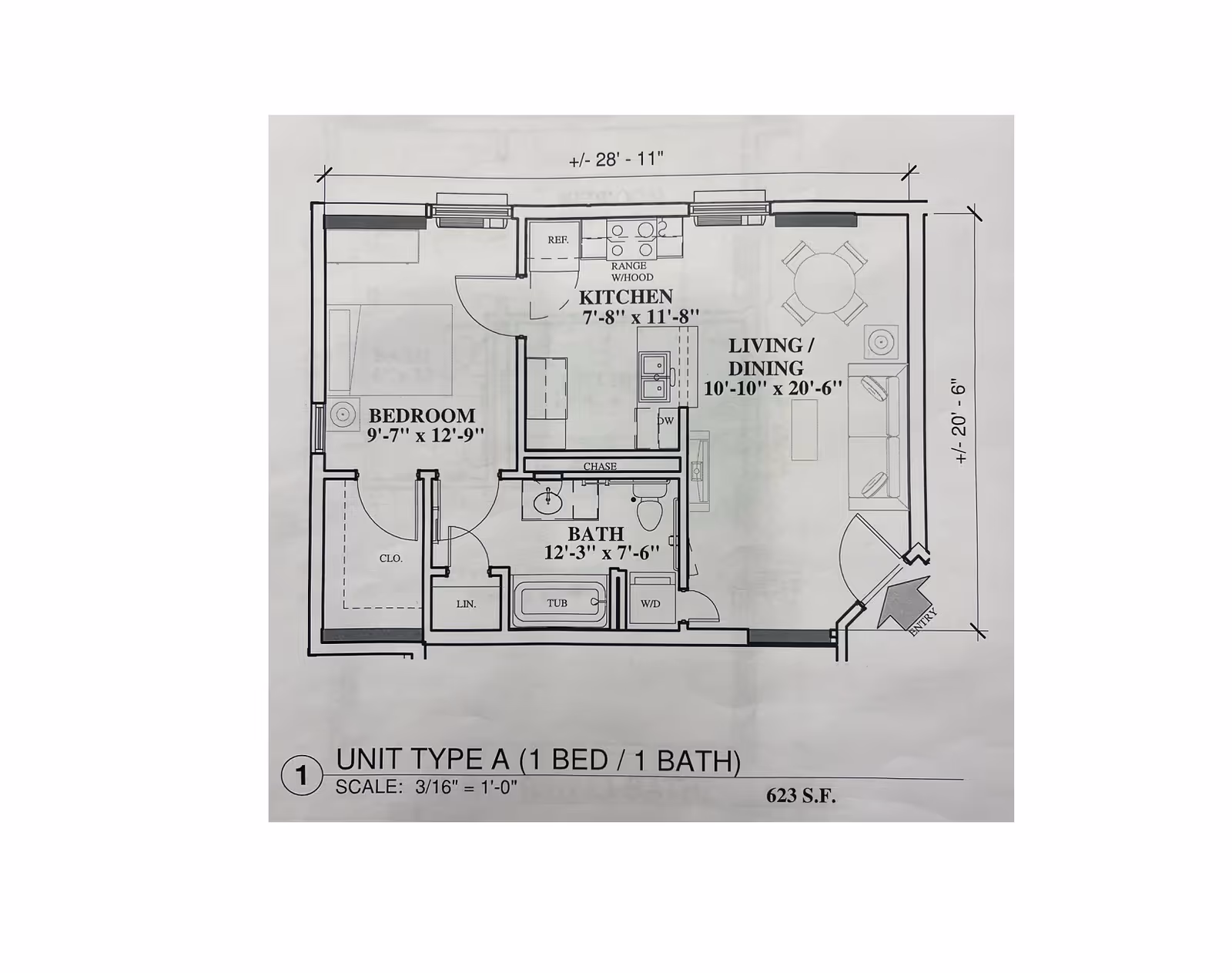 Black-and-white architectural floor plan of a one-bedroom, one-bath apartment labeled Unit Type A showing kitchen, living/dining area, bedroom and bathroom with dimensions.