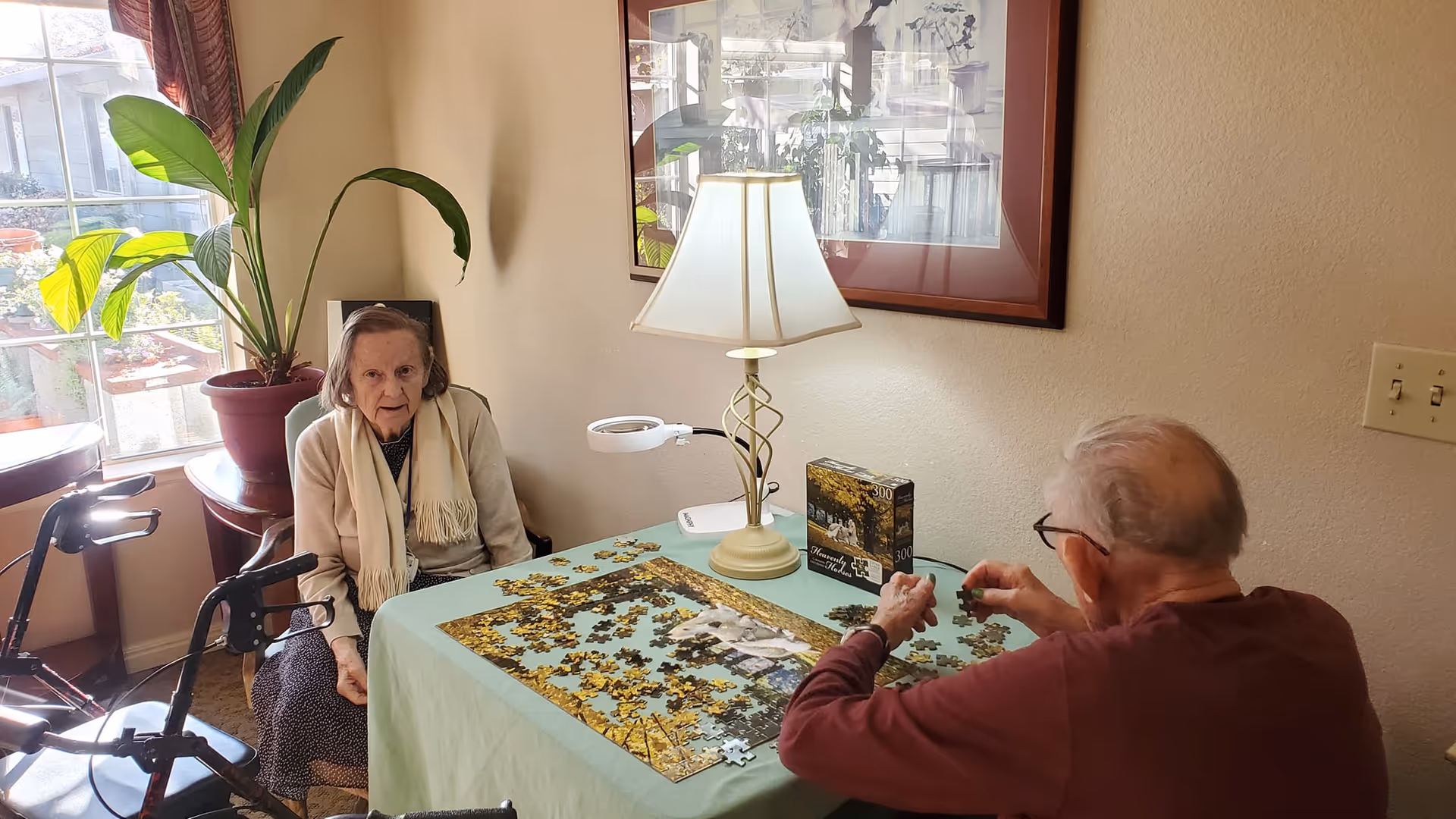 An elderly man and woman sitting at a table in a well-lit room working on a jigsaw puzzle together. The table is covered with a green cloth and has a lamp and puzzle box on it. There is a large potted plant near a window letting in natural light, and a framed picture on the wall behind them.