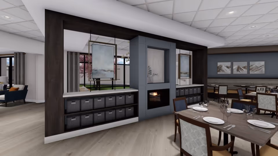 Modern senior living dining area with set tables and chairs, a central fireplace partition, and adjacent seating areas.