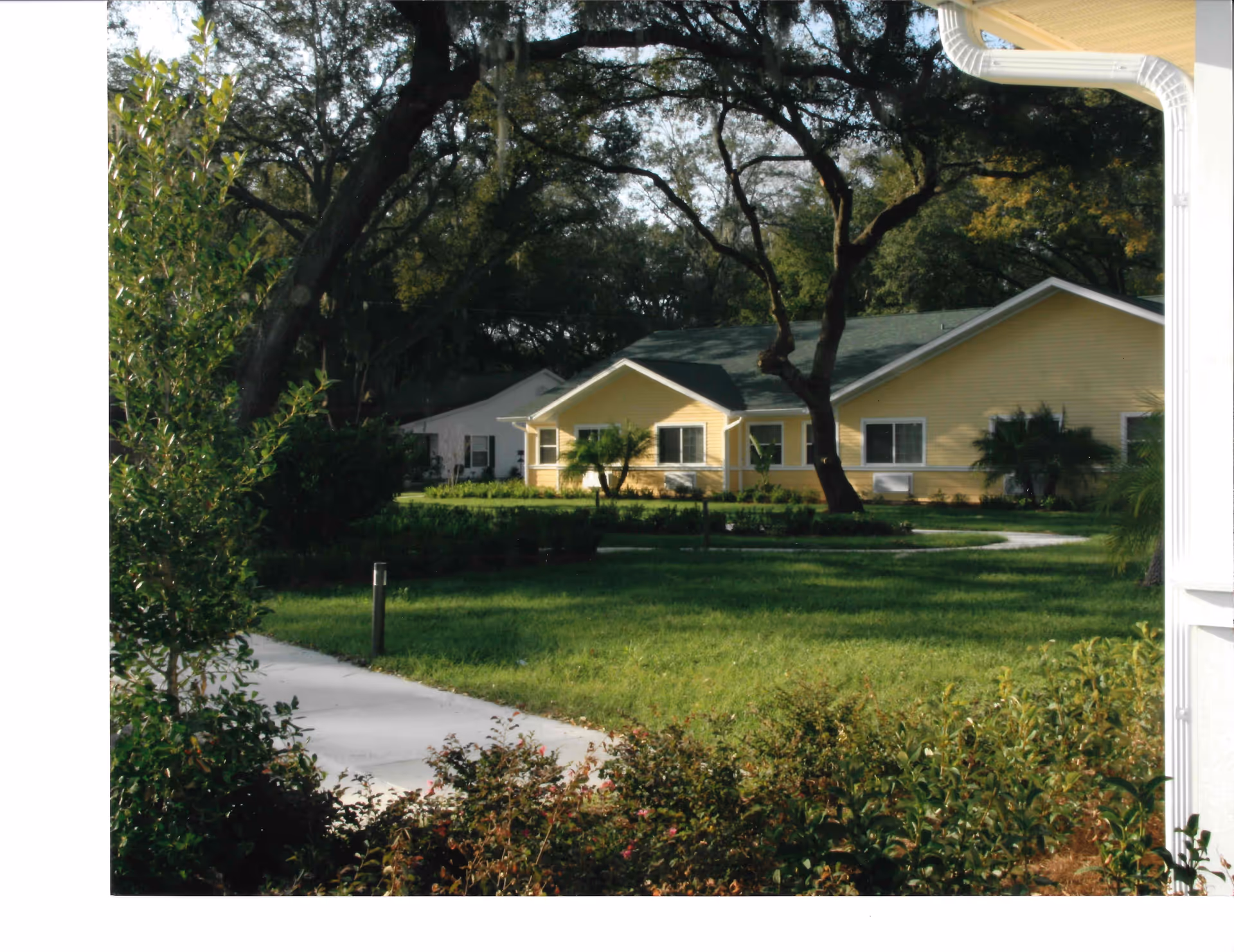 View of a yellow single-story building surrounded by green grass, trees, and shrubs with a concrete walkway leading towards it under a clear sky.
