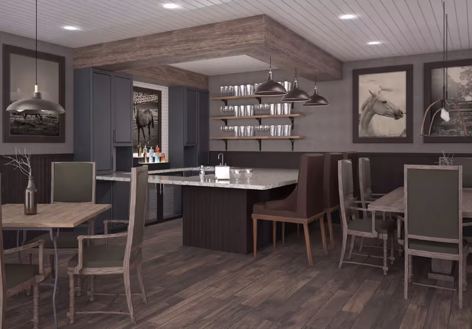 Communal dining and kitchenette area with a central island, dining tables and chairs, pendant lights, and horse artwork on the walls.