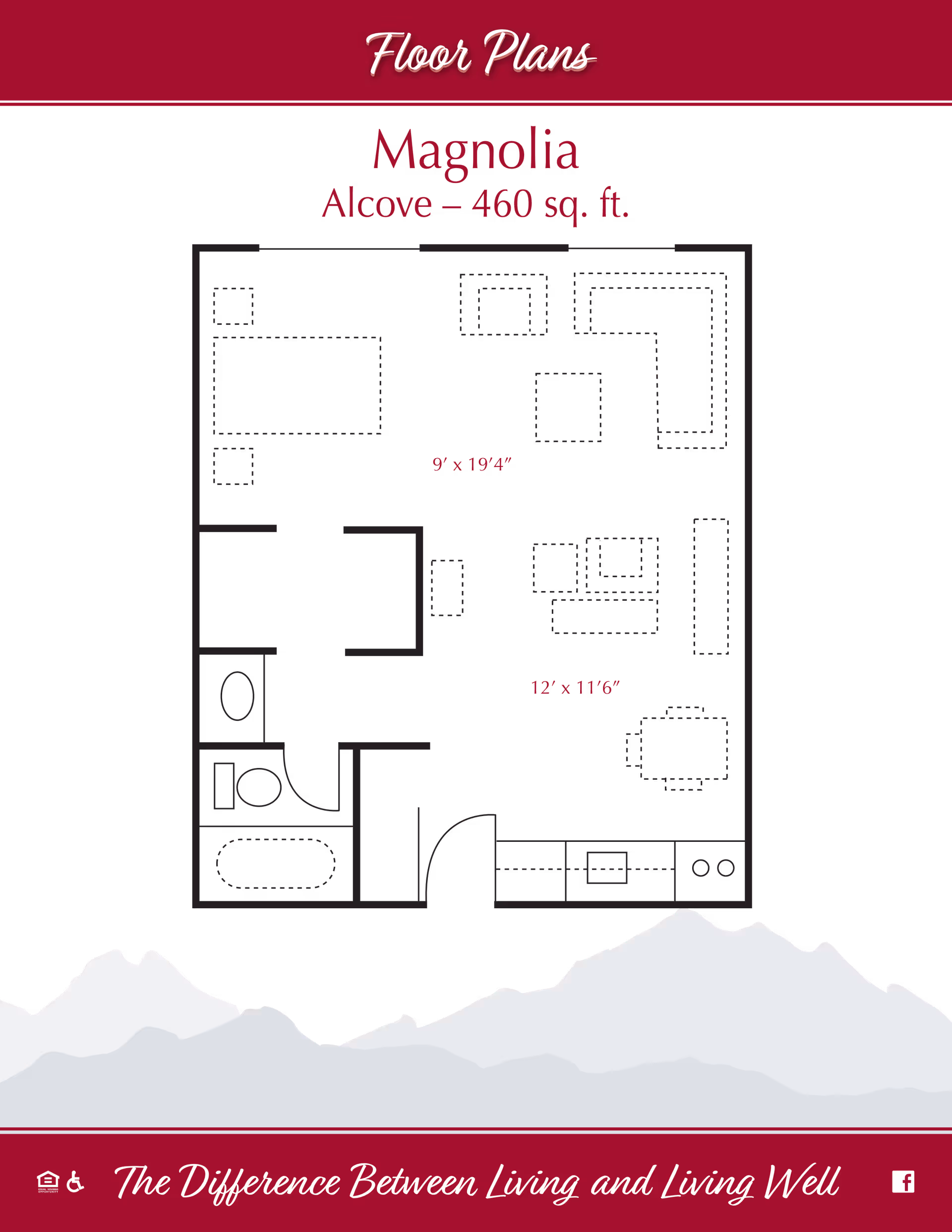Floor plan for Magnolia Alcove apartment at Cascades of Bremerton, showing a layout of 460 square feet with dimensions 9 feet by 19 feet 4 inches for the sleeping area and 12 feet by 11 feet 6 inches for the living area. The plan includes a bathroom with a bathtub, toilet, and sink, a kitchen area, and living and sleeping spaces with furniture outlines.
