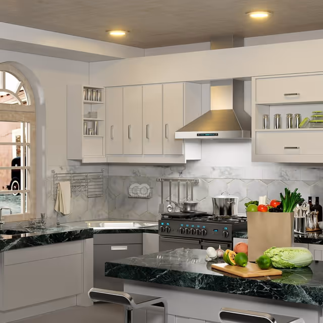Modern kitchen with white cabinets, black marble countertops, a stainless steel stove with pots, a range hood, and a paper bag filled with fresh vegetables on the counter. There is a window with an arched frame letting in natural light.