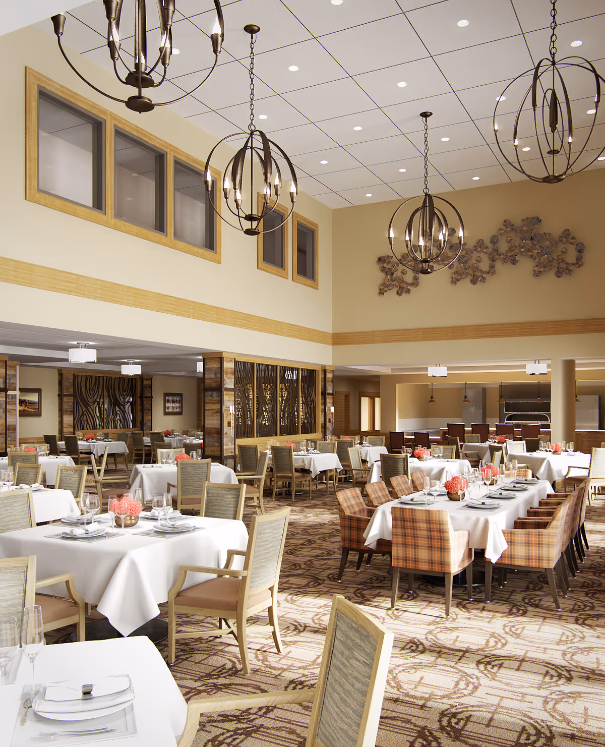 A spacious and well-lit dining room with multiple tables covered in white tablecloths, set with plates, glasses, and napkins. The room features high ceilings with modern spherical chandeliers, large windows near the ceiling, and decorative wall art. Chairs around the tables are a mix of cushioned and wooden styles, and the carpet has a patterned design.