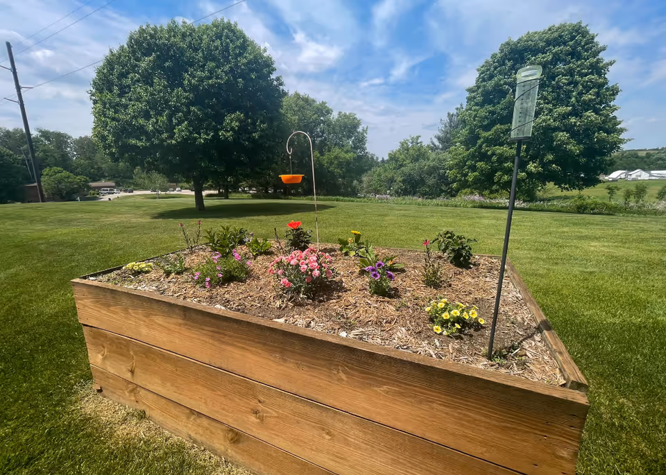 A raised wooden garden bed filled with various blooming flowers and mulch, set on a well-maintained grassy lawn with large green trees and a partly cloudy blue sky in the background.