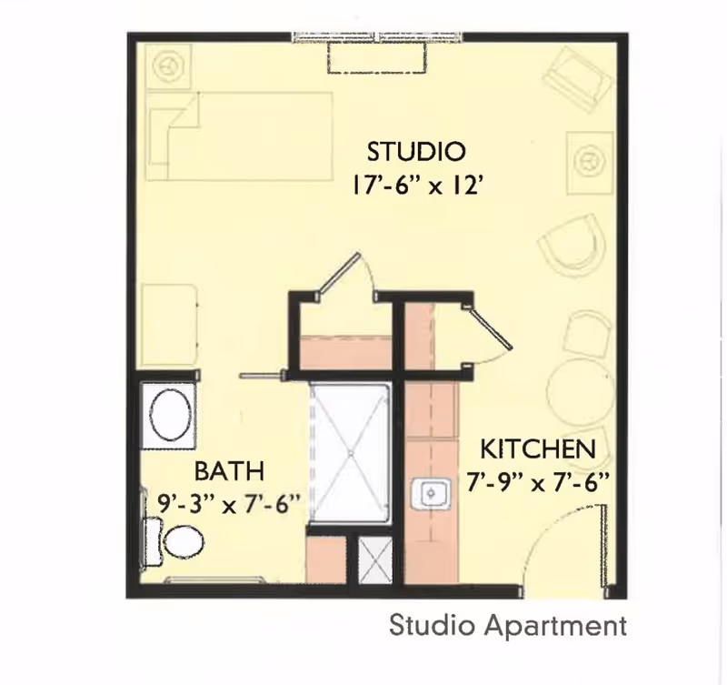 Floor plan of a studio apartment showing a studio area measuring 17 feet 6 inches by 12 feet, a kitchen area measuring 7 feet 9 inches by 7 feet 6 inches, and a bathroom measuring 9 feet 3 inches by 7 feet 6 inches. The layout includes furniture placement such as a bed, chairs, a table, and kitchen fixtures.