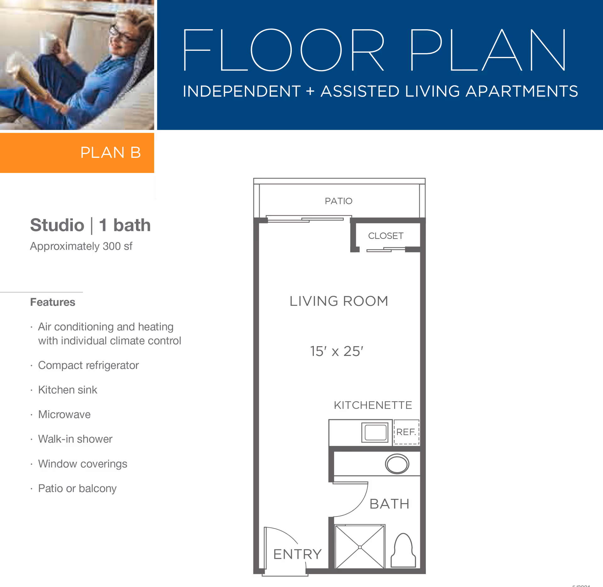 Brochure-style floor plan for a studio 1-bath apartment (Plan B) showing a living room, kitchenette, bath, and a features list.