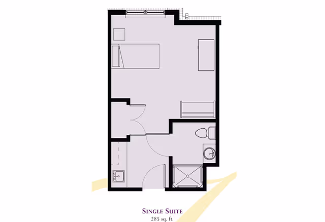 Floor plan of a single suite at HeartFields Assisted Living at Easton, showing a 285 square feet layout with a bedroom area, bathroom with shower, and a small kitchenette.