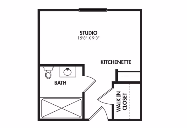 Black-and-white floor plan of a studio apartment showing a studio area (15 feet 8 inches by 9 feet 3 inches), kitchenette, bathroom, and walk-in closet.