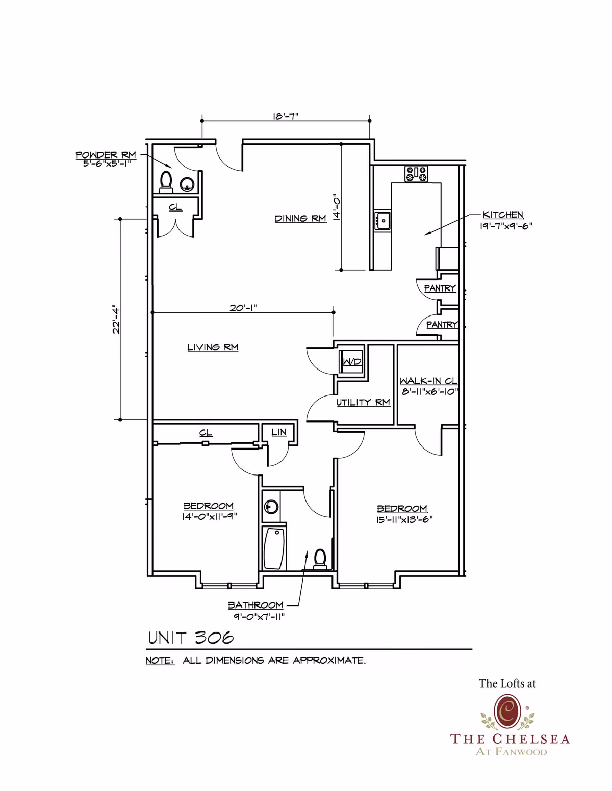Architectural floor plan of Unit 306 at The Lofts at The Chelsea at Fanwood, showing layout with two bedrooms, a living room, dining room, kitchen, bathroom, powder room, utility room, walk-in closet, and pantry. Dimensions are marked for each room.