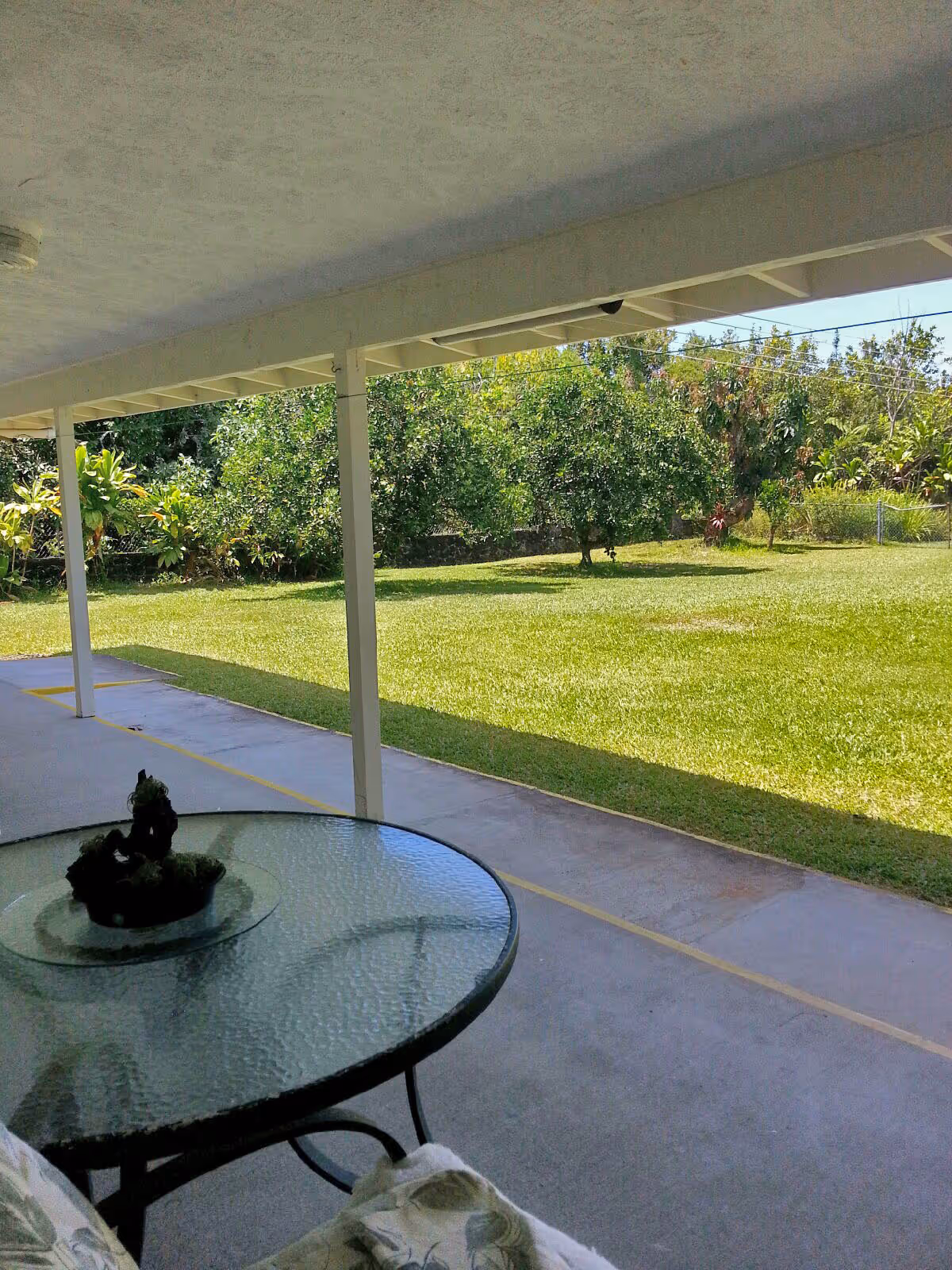 Covered patio with a glass-top table and chairs overlooking a grassy backyard and trees.