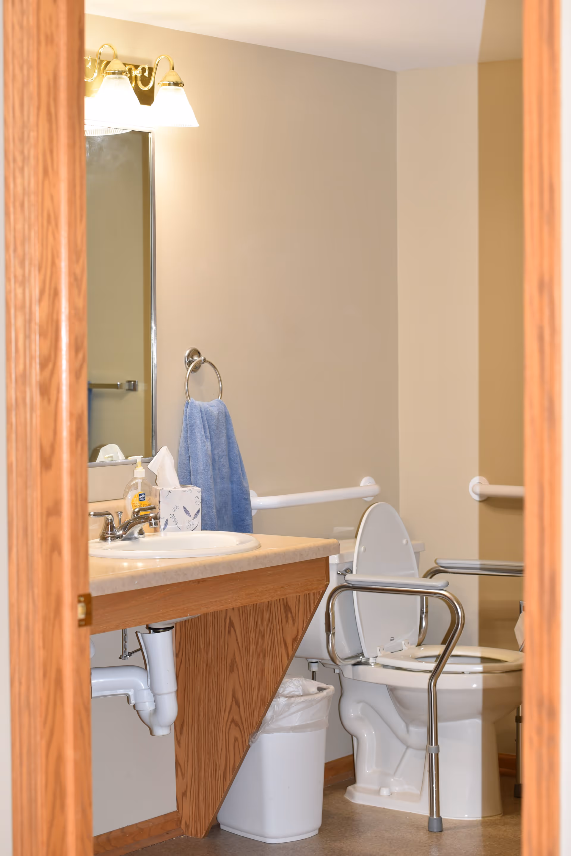 View into a bathroom with a wooden vanity, a sink with a soap dispenser and tissue box, a mirror with two light fixtures above it, a blue towel hanging on a ring, and a toilet equipped with safety grab bars and a support frame.
