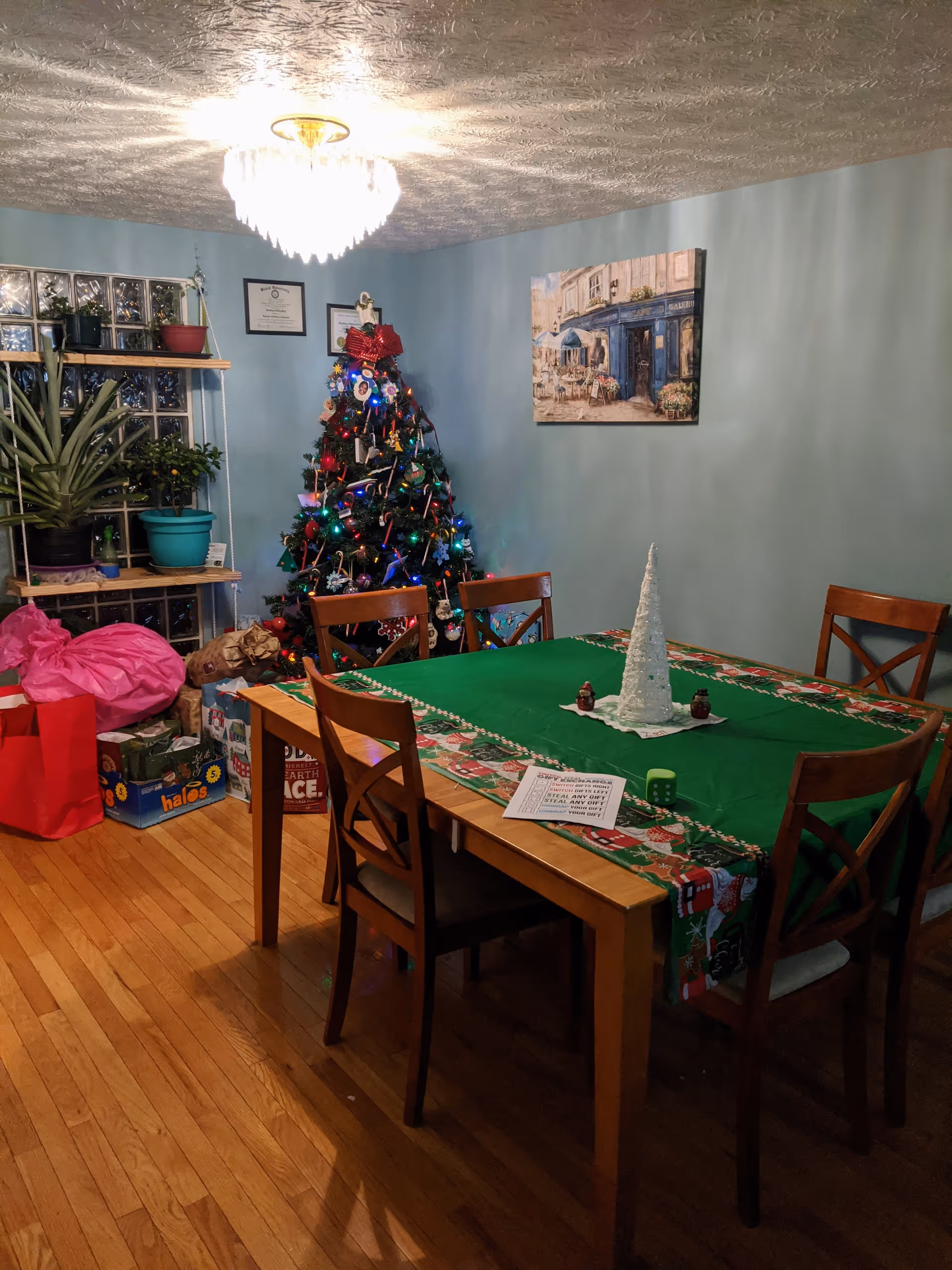 Dining room with a decorated Christmas tree, a table covered with a green holiday tablecloth and chairs, presents and potted plants nearby.