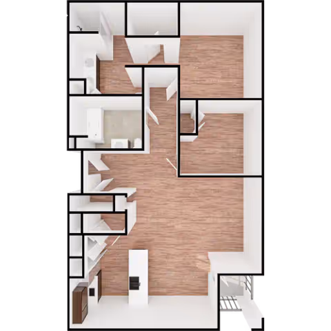 3D floor plan of a residential unit showing multiple rooms including a kitchen area with an island, a bathroom, and several other rooms with wooden flooring and white walls.