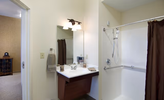 Small bathroom with a wall-mounted sink and mirror, light fixture above, and a walk-in shower with a brown curtain and grab bar.