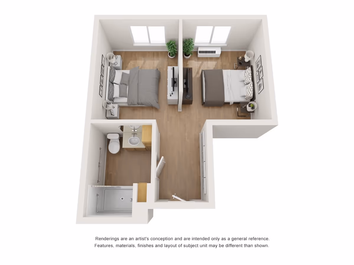 3D floor plan rendering of a senior living unit with two bedrooms, each furnished with a bed, nightstands, and lamps. The unit includes a bathroom with a shower, toilet, and sink. The bedrooms are separated by a wall with TVs facing each bed. The floor is wood, and there are windows in each bedroom letting in natural light.