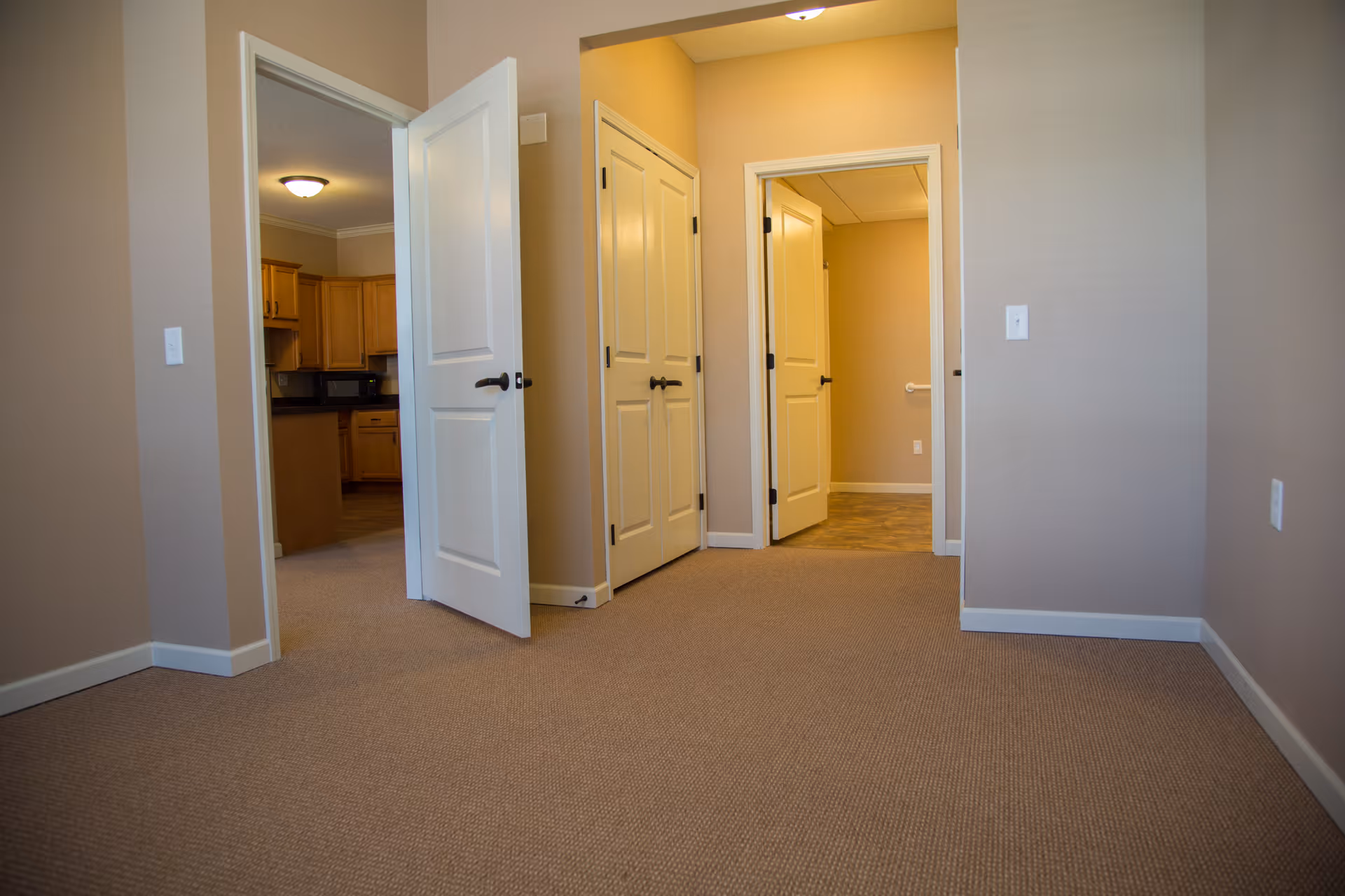 Empty room with beige carpet and walls, showing three open doors leading to a kitchen with wooden cabinets, a closet with double doors, and a hallway with a handrail visible.