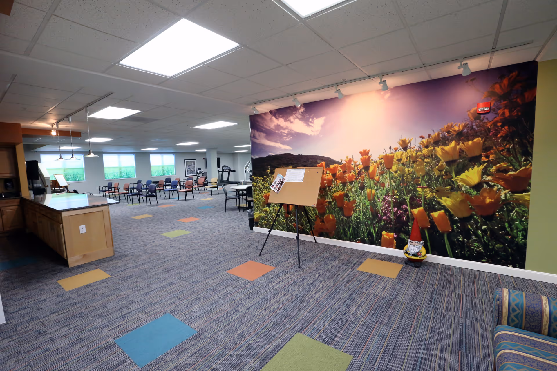 Spacious senior community common room with colorful carpet tiles, seating and kitchenette, and a large floral mural on one wall.
