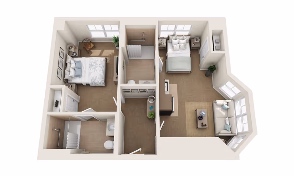 3D floor plan of a senior living apartment at Maplewood at Southport showing two bedrooms, two bathrooms, a living room with a sofa and coffee table, and a small kitchen area.