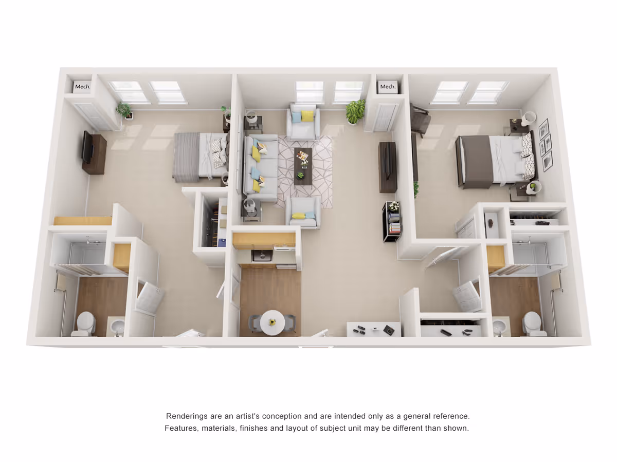 3D floor plan of a two-bedroom apartment featuring two bedrooms, two bathrooms, a living room with sofas and a coffee table, a kitchen with appliances and a small dining table, and mechanical closets near each bedroom.