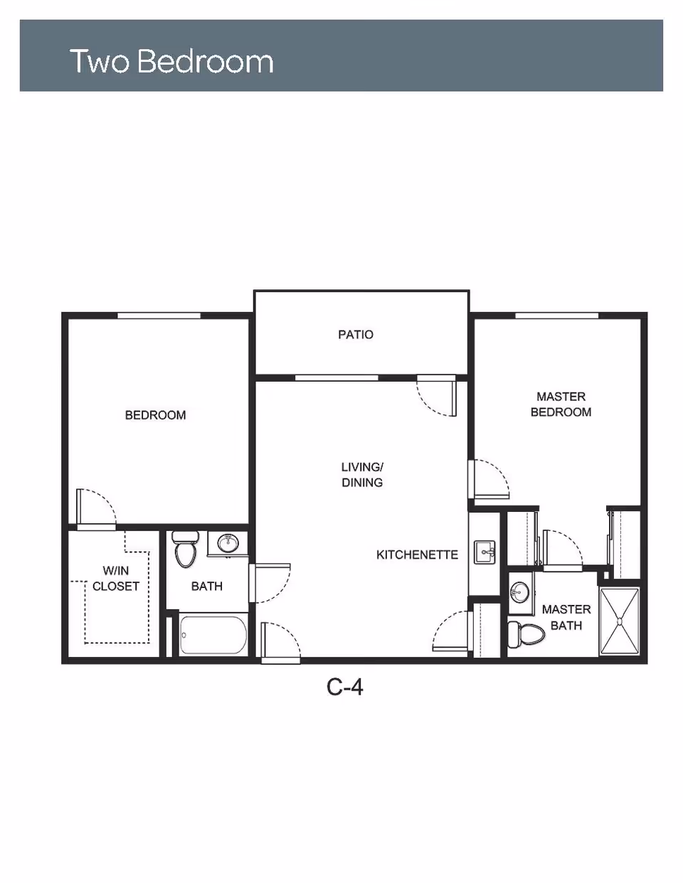 Floor plan layout of a two-bedroom apartment featuring a master bedroom with master bath, a second bedroom with walk-in closet, a shared bath, a living/dining area combined with a kitchenette, and a patio.