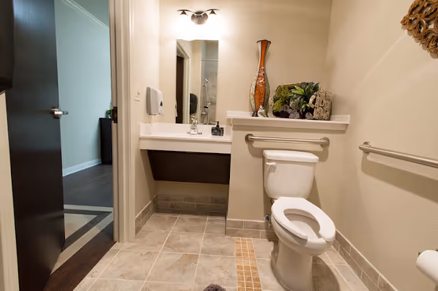A clean and well-lit bathroom with a toilet, a sink with a mirror above it, a decorative vase, and plants on a shelf behind the toilet. The bathroom has tiled flooring and grab bars on the walls for accessibility. The door to the bathroom is open, showing a glimpse of an adjacent room with dark wood flooring.