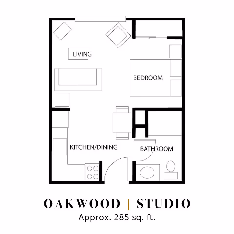 Black-and-white studio floor plan labeled 'Oakwood | Studio' showing a living area, kitchen/dining, bedroom space and bathroom (approx. 285 sq. ft.).